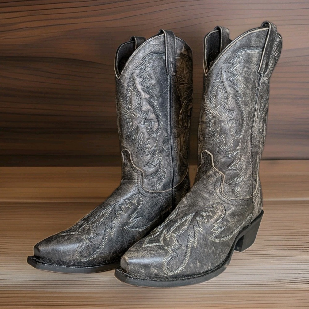 Laredo Men Garrett Distressed Black Leather Snip Toe Western Cowboy Boots 9 EW